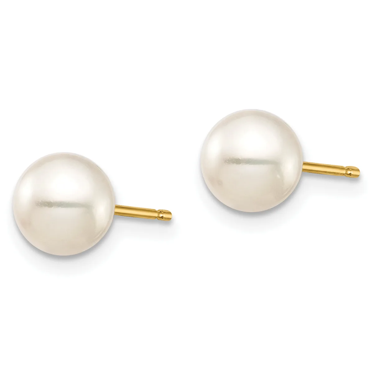 A pair of round white pearl stud earrings with gold posts on a white background.