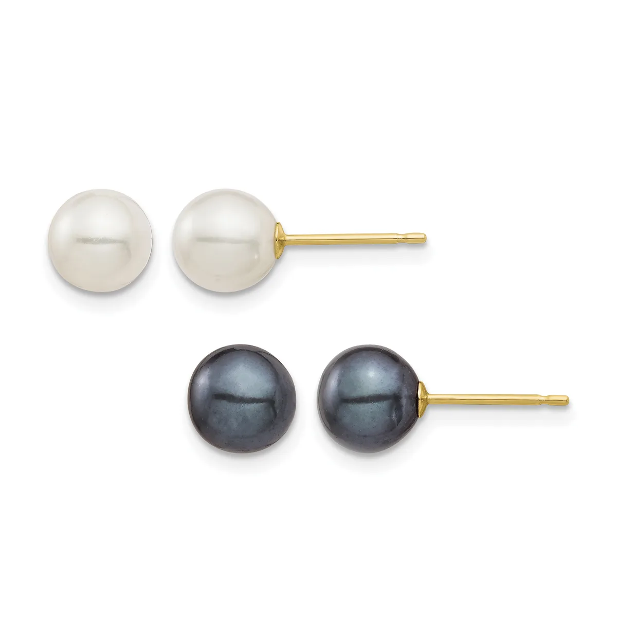 Two pairs of stud earrings with gold posts: one pair featuring white lustrous pearls and one pair featuring dark gray lustrous pearls, displayed against a white background.