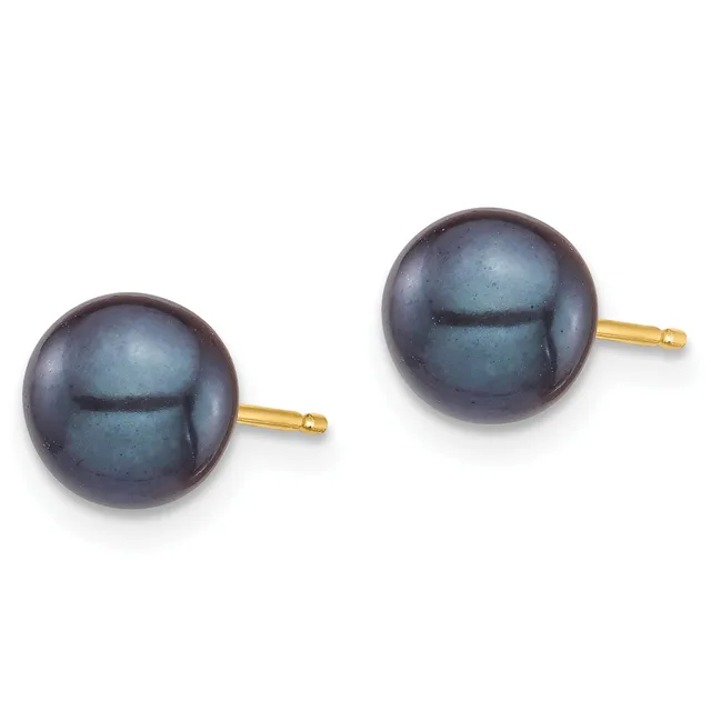A pair of dark gray pearl stud earrings with gold posts and backs, displayed side by side against a white background.