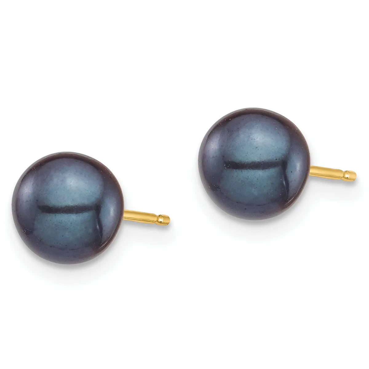 A pair of dark gray pearl stud earrings with gold posts and backs, displayed side by side against a white background.