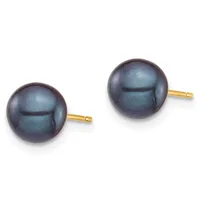 A pair of dark gray pearl stud earrings with gold posts and backs, displayed side by side against a white background.
