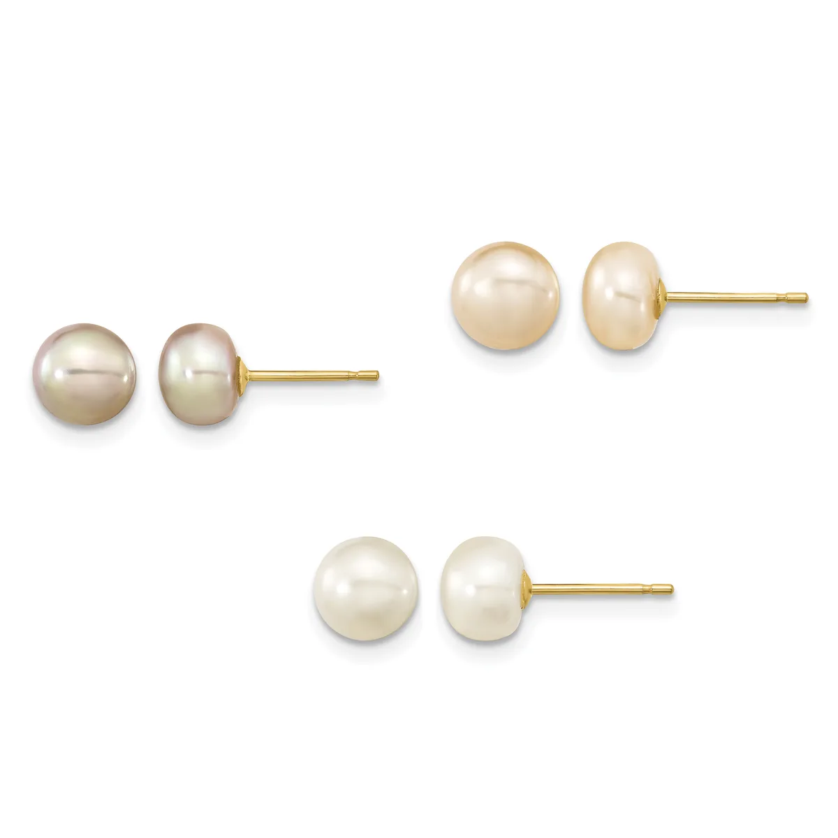 Three pairs of pearl stud earrings with gold posts displayed against a white background, featuring light gray, golden, and white pearls in varying sizes.