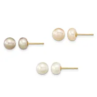 Three pairs of pearl stud earrings with gold posts displayed against a white background, featuring light gray, golden, and white pearls in varying sizes.