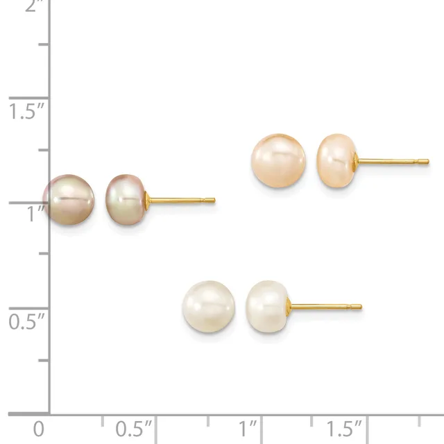 Three pairs of pearl stud earrings in varying sizes displayed on a measurement scale, featuring white, champagne, and golden pearl spheres set in gold posts.