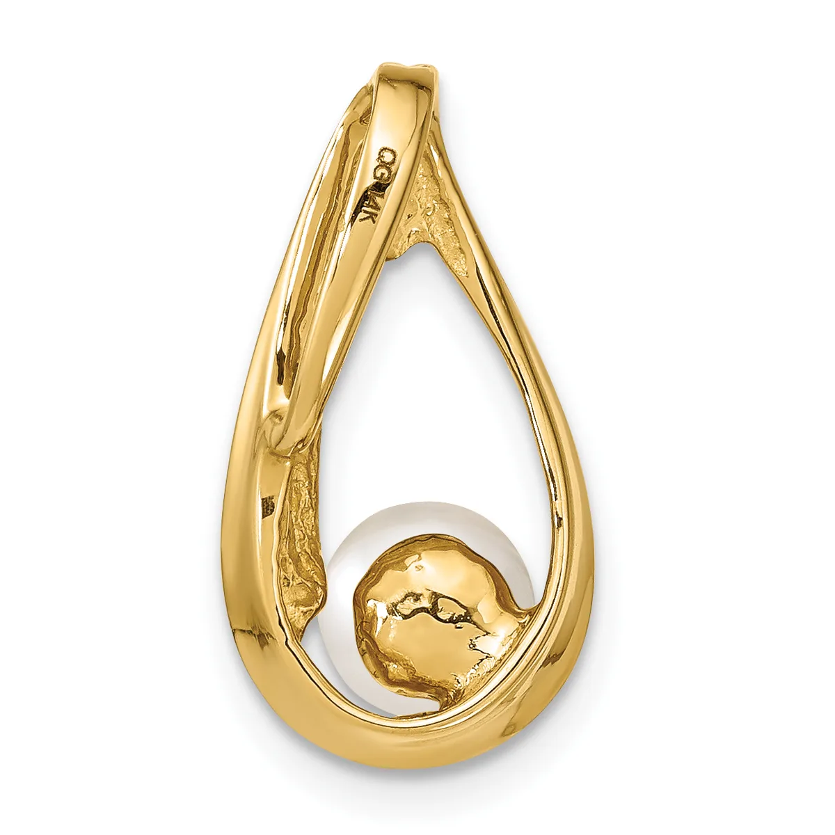A polished gold teardrop-shaped pendant with a small gold sphere nestled inside the hollow opening.