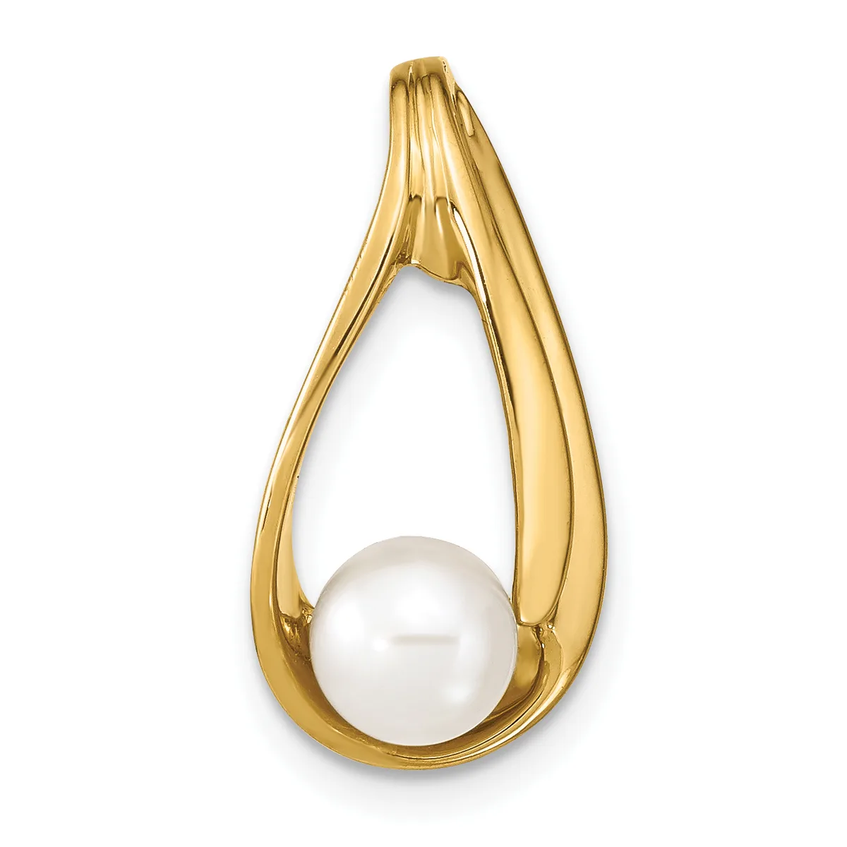 Gold teardrop pendant with a white pearl nestled in the curved center, shown against a white background.