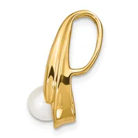 A polished gold-toned looped pendant with a curved, elongated oval shape, displayed on a white spherical stand.