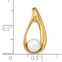 A gold teardrop pendant with a white pearl nestled in the center, shown next to a ruler indicating approximately one-half inch in width.