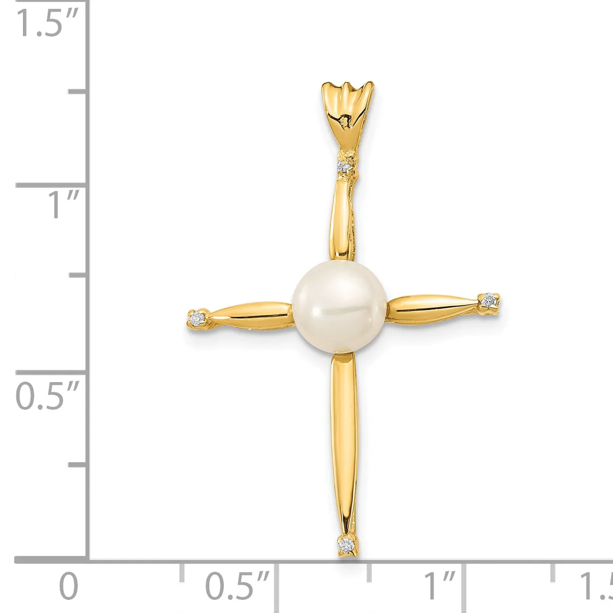 A gold cross pendant with a white pearl at the center and small diamonds at each arm, shown next to a ruler measuring approximately 1.25 inches in length.