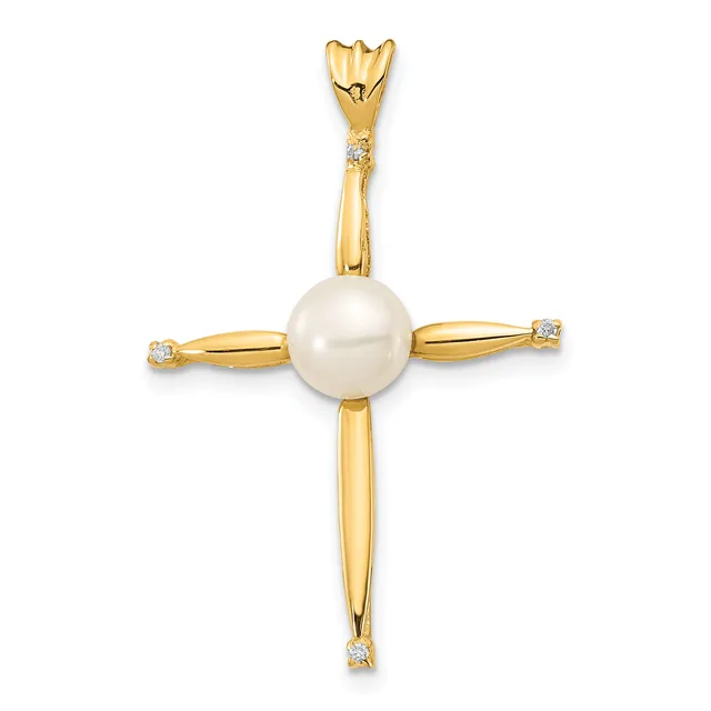 A gold cross pendant with a white pearl at its center and small diamonds at each of the four endpoints, shown against a white background.