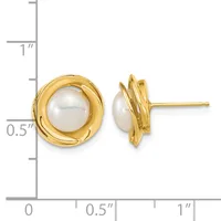 Pair of gold stud earrings featuring white pearl centers set in twisted gold bezels, shown with a measurement scale indicating approximately 0.5 inch diameter.