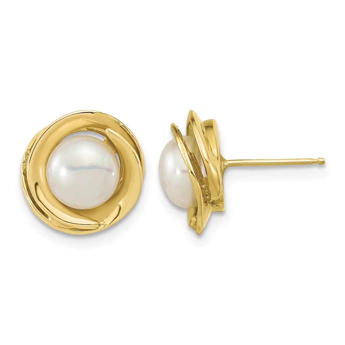 Pair of gold stud earrings featuring round white pearl centers surrounded by textured gold loops, shown from front and side views.