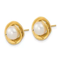 A pair of gold stud earrings with oval pearl centers surrounded by curved gold frames, shown against a white background.