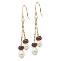 Pair of gold-toned dangle earrings with pearl and faceted brown stone beads suspended from chain links on fish hook wires.