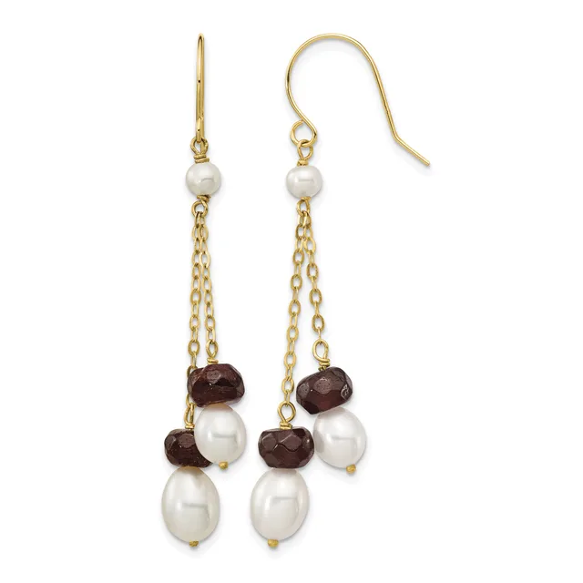 Pair of gold-toned dangle earrings with pearl and garnet beads suspended from chain strands and fish hook closures.