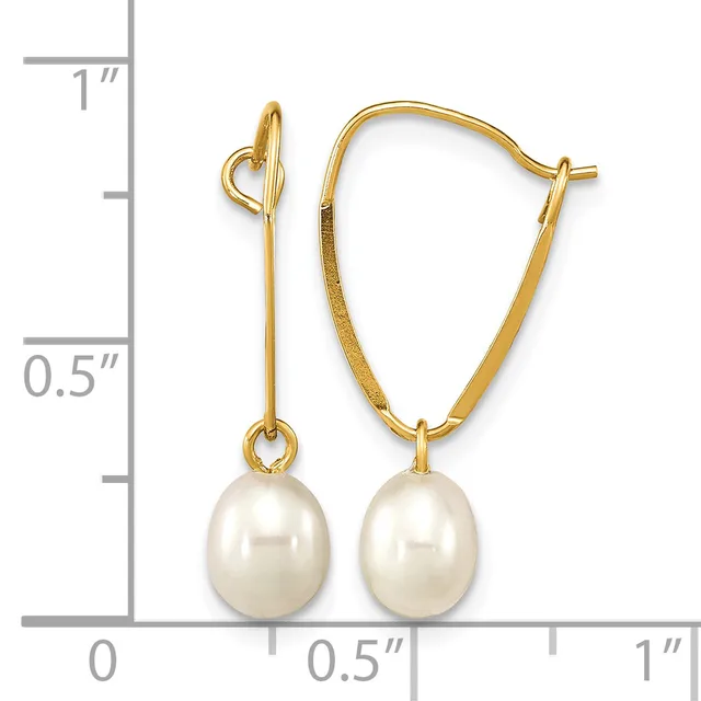 Pair of gold-toned hoop earrings with white pearl drops, displayed next to a ruler showing approximately one inch in length.