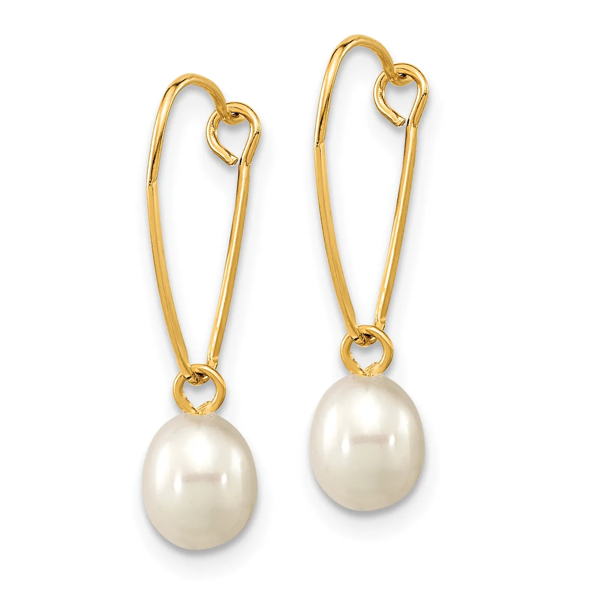 Pair of gold-toned hook earrings with white pearl drops hanging against a white background.