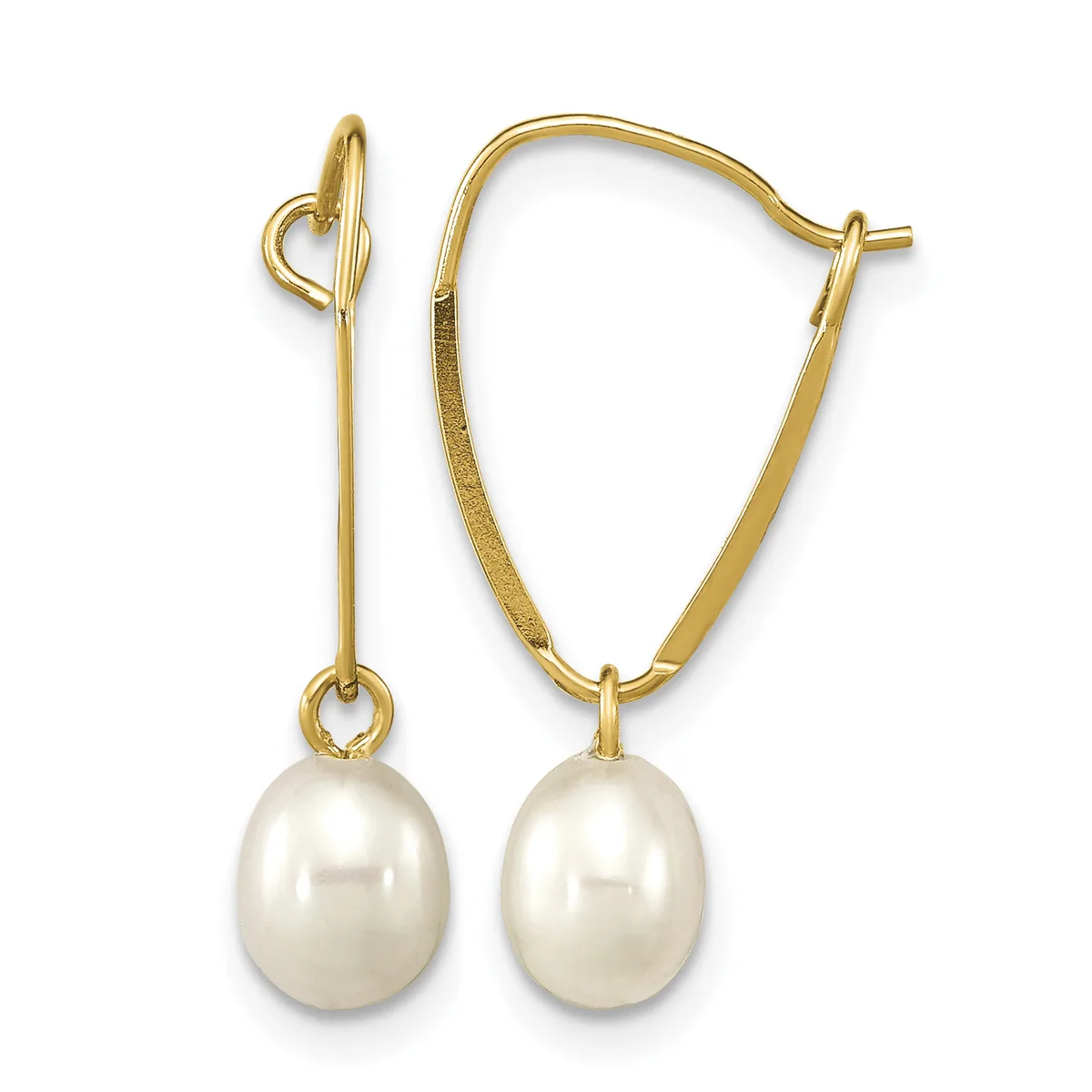 Pair of gold-colored hoop earrings with white pearl drops, displayed against a white background.