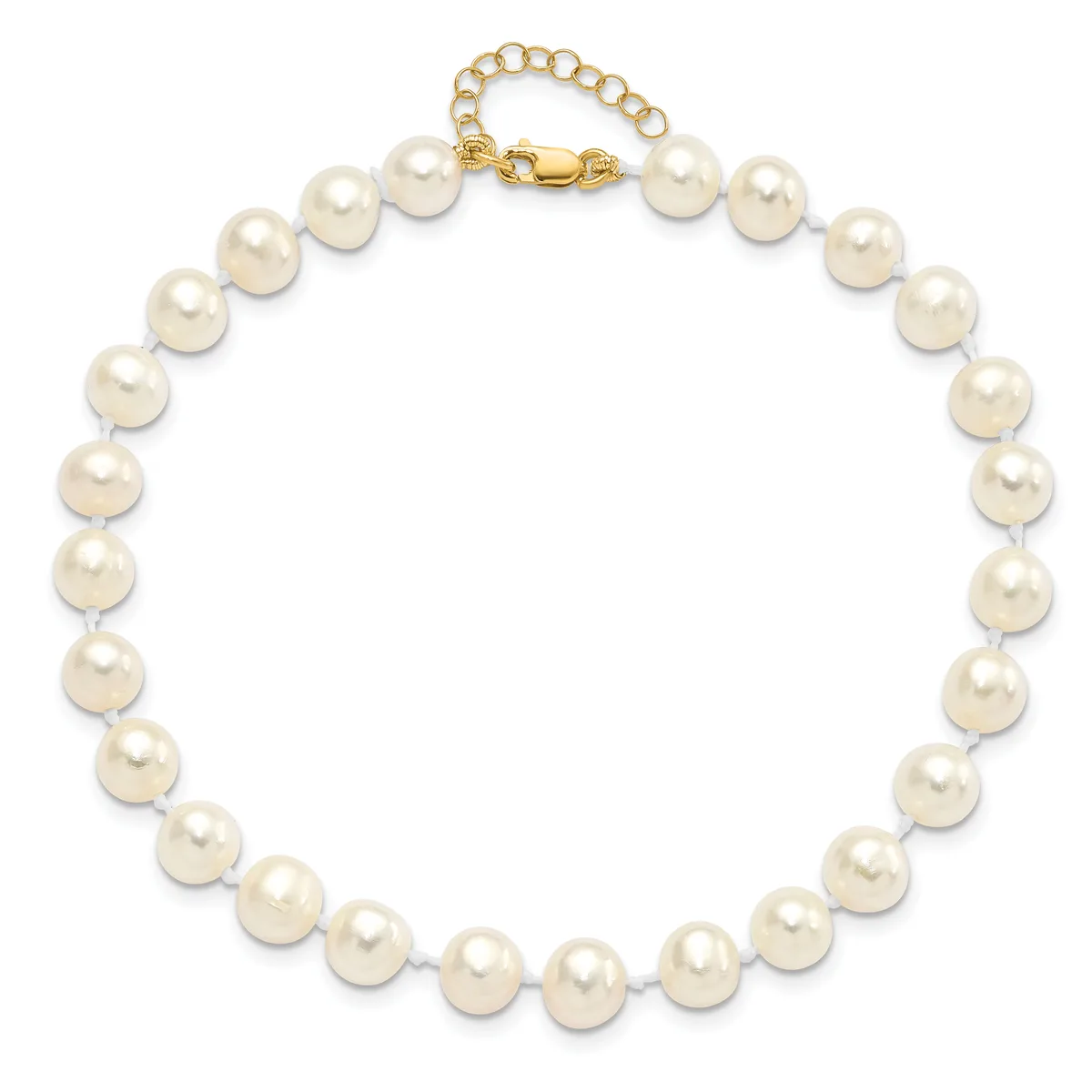 A cream-colored pearl necklace with a gold-toned clasp and extender chain displayed against a white background.
