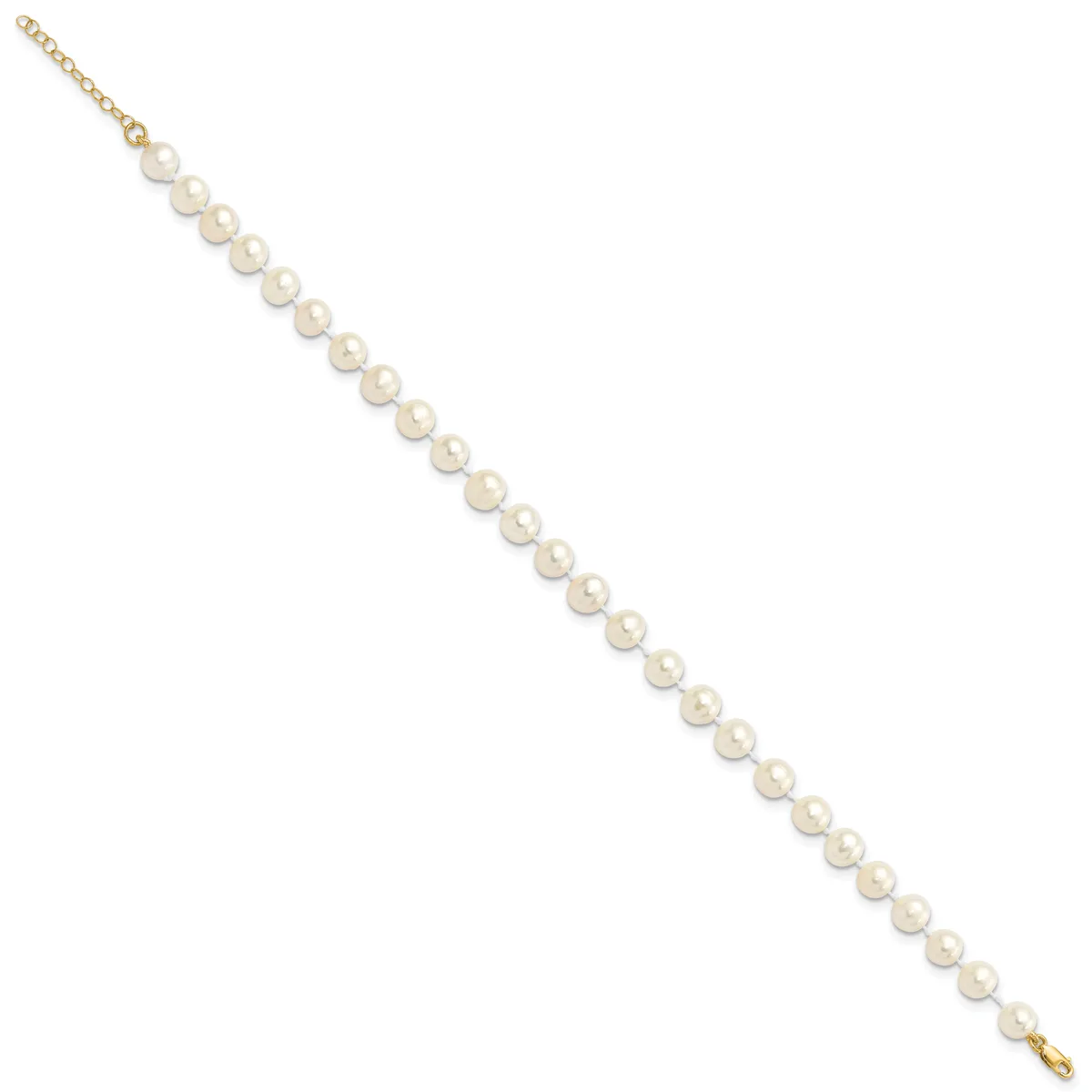 A gold chain bracelet with evenly spaced round white pearl beads throughout its length, displayed diagonally on a white background.