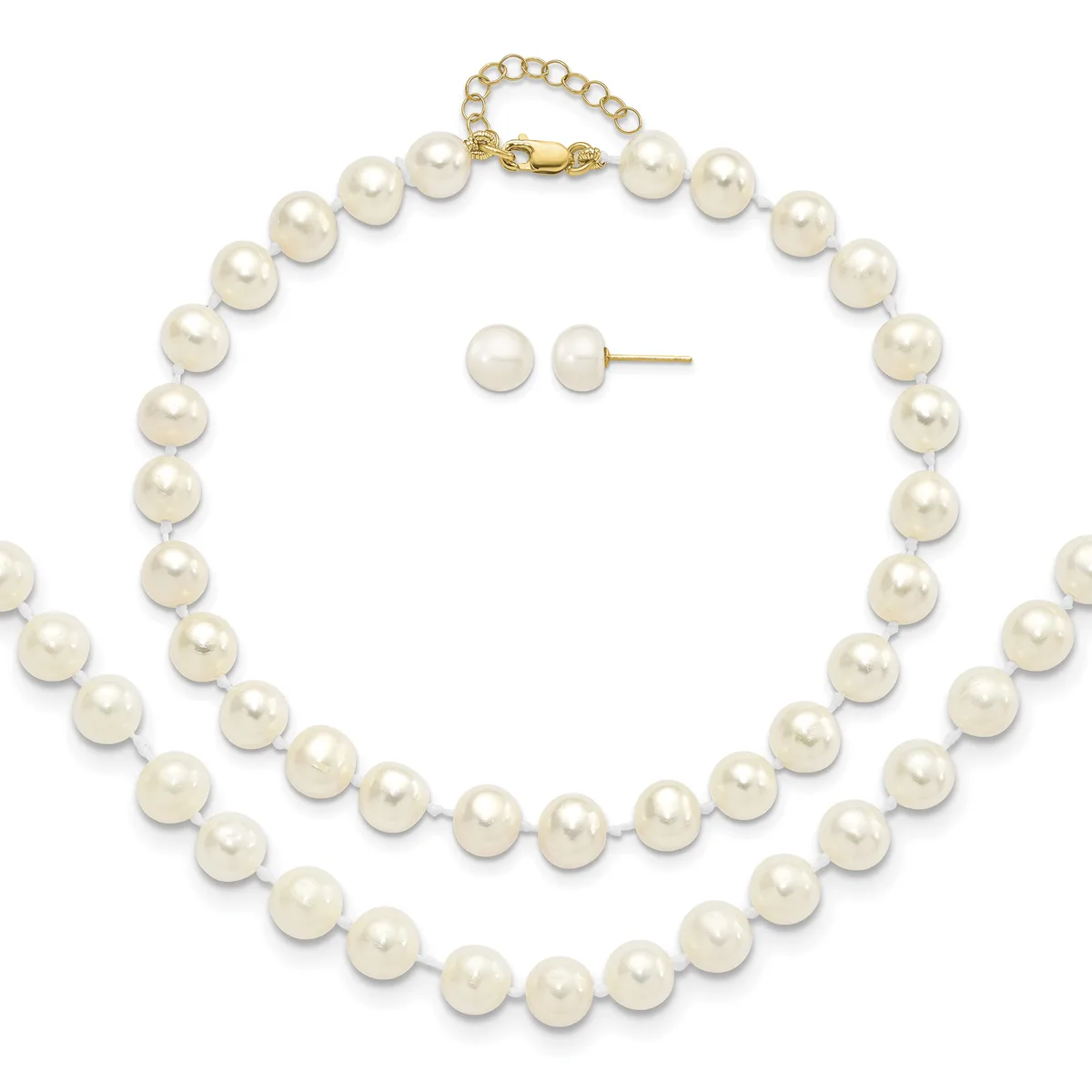 Two-strand pearl necklace with gold clasp and matching pearl stud earrings displayed on a white background.
