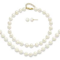 Two-strand pearl necklace with gold clasp and matching pearl stud earrings displayed on a white background.