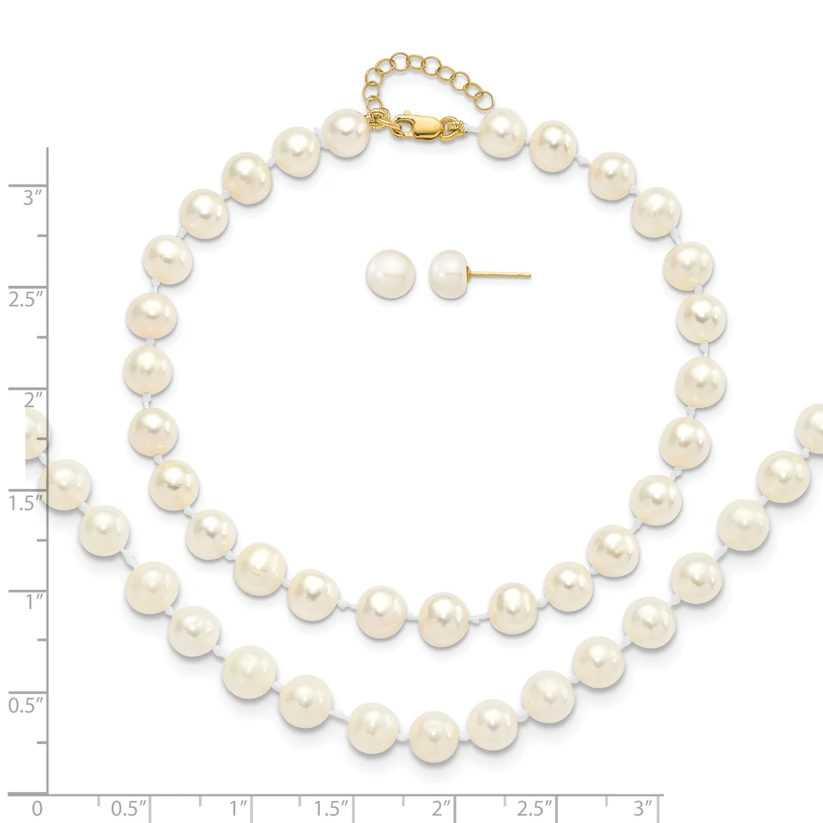 A pearl necklace with a gold clasp displayed next to matching pearl stud earrings, with a measurement ruler showing the necklace is approximately 18 inches long.