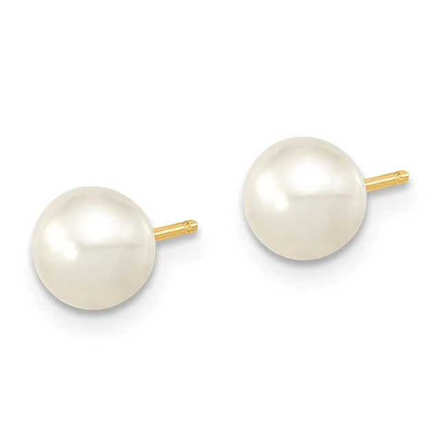 A pair of pearl stud earrings with round white pearls and gold-toned posts and backing, shown against a white background.