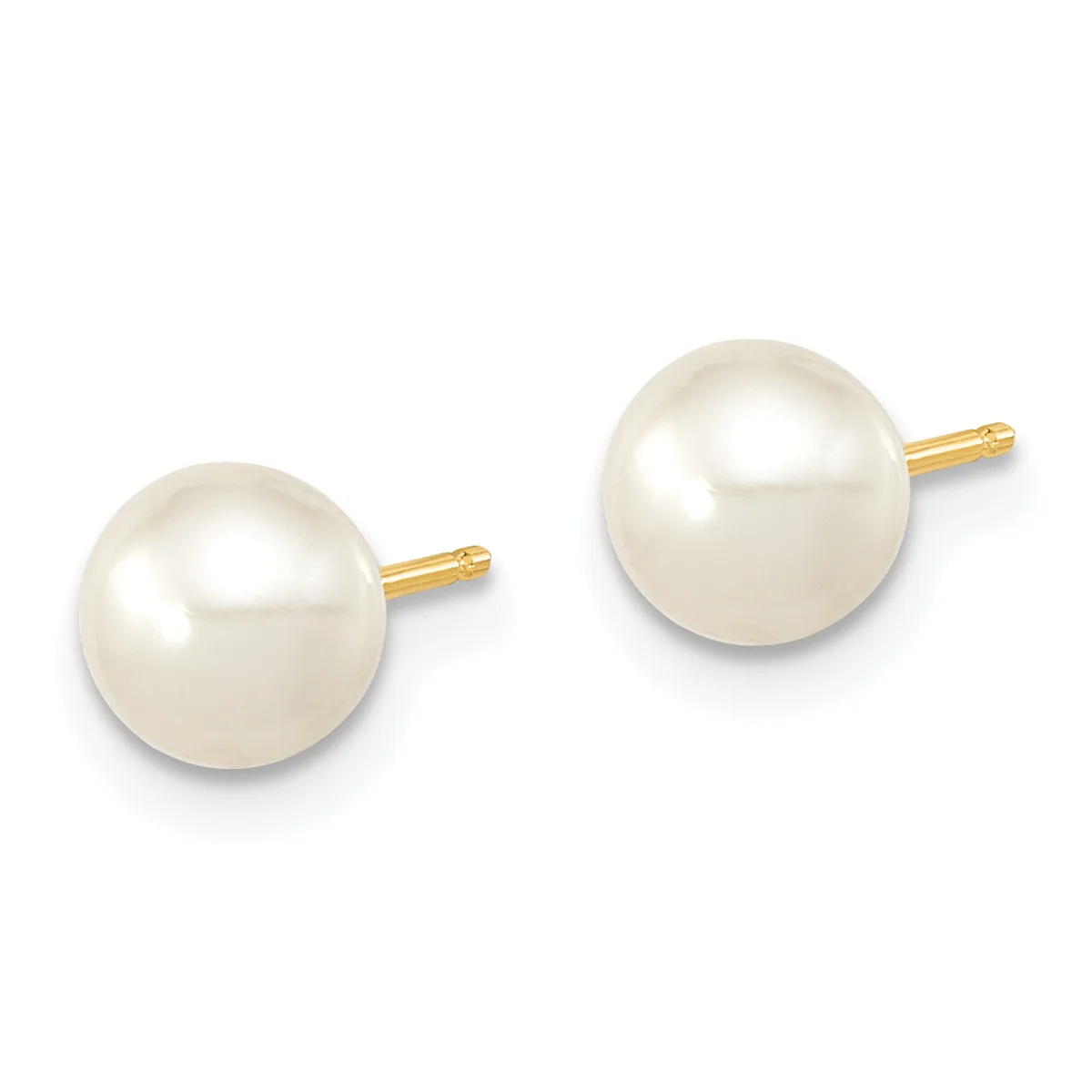 A pair of pearl stud earrings with round white pearls and gold-toned posts and backing, shown against a white background.