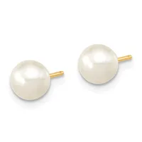 A pair of pearl stud earrings with round white pearls and gold-toned posts and backing, shown against a white background.