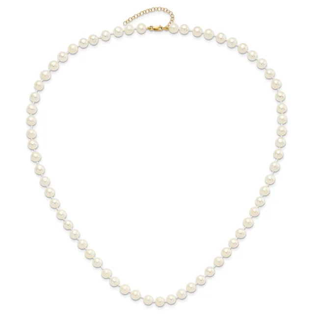 A classic pearl necklace with uniformly sized round white pearls connected by a delicate chain, featuring a gold-toned clasp and adjustable chain extension at the back.