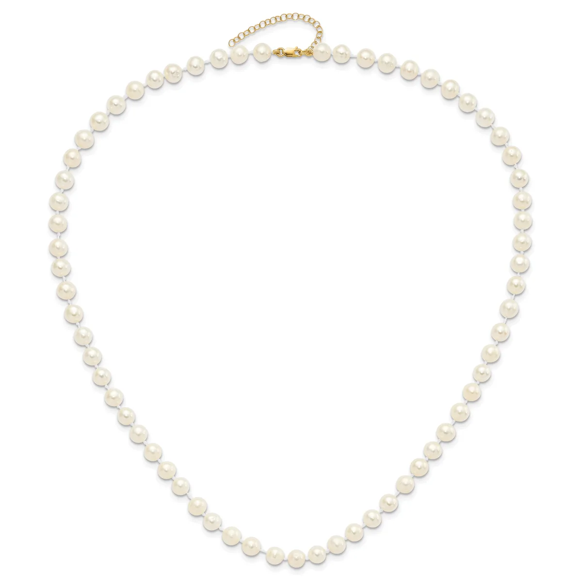 A classic pearl necklace with uniformly sized round white pearls connected by a delicate chain, featuring a gold-toned clasp and adjustable chain extension at the back.