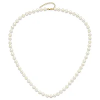 A classic pearl necklace with uniformly sized round white pearls connected by a delicate chain, featuring a gold-toned clasp and adjustable chain extension at the back.