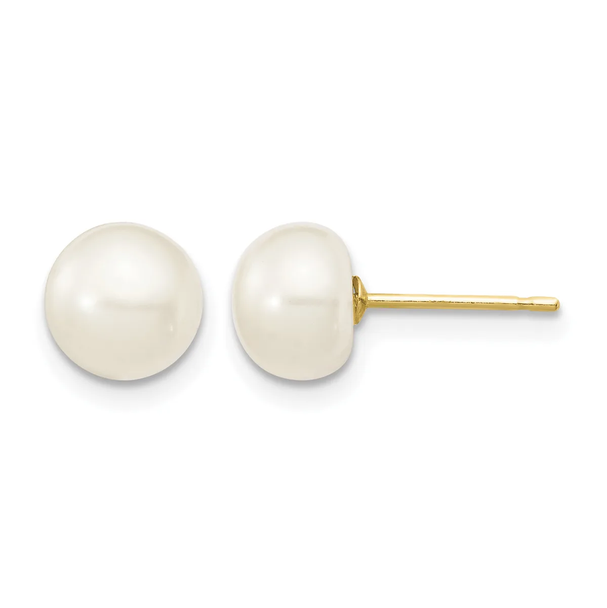 Pair of white pearl stud earrings with gold posts and backs, shown from the front against a white background.