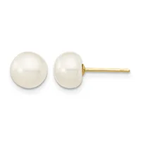 Pair of white pearl stud earrings with gold posts and backs, shown from the front against a white background.