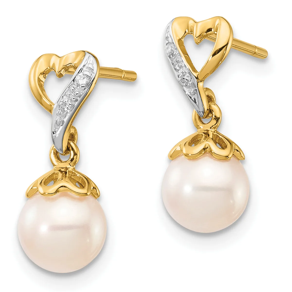 Pair of two-tone gold and diamond heart stud earrings with dangling white pearl drops and decorative gold caps.