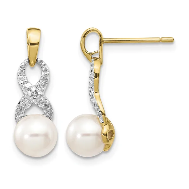 Pair of gold and diamond earrings with white pearl drops, shown from front and side views.