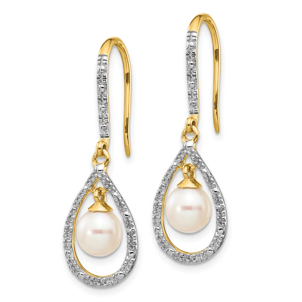 Pair of two-tone gold and diamond drop earrings with white pearl centers, featuring teardrop-shaped diamond halos and shepherd's hook ear wires.