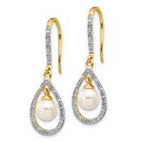 Pair of two-tone gold and diamond drop earrings with white pearl centers, featuring teardrop-shaped diamond halos and shepherd's hook ear wires.