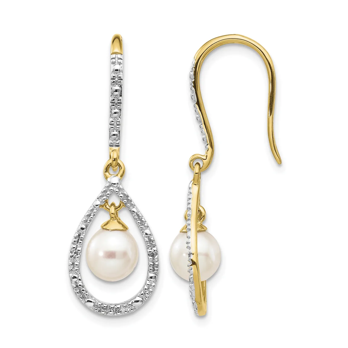 Pair of two-tone gold teardrop earrings with diamond halos surrounding white pearls, shown front and side view with fish hook closures.