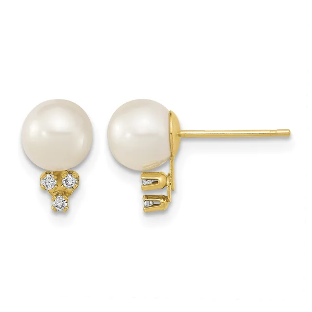 Pair of gold stud earrings with large round white pearl tops and three small diamond accents beneath each pearl, shown from front and back views.