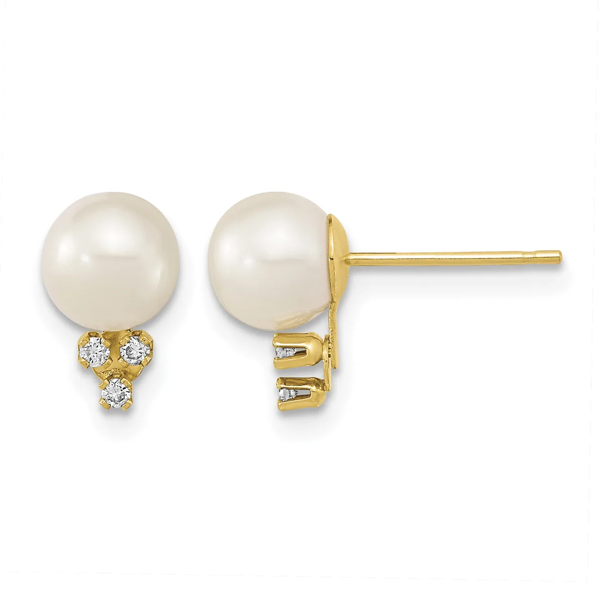 Pair of gold stud earrings with large round white pearl tops and three small diamond accents beneath each pearl, shown from front and back views.