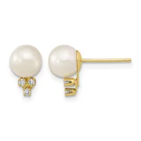 Pair of gold stud earrings with large round white pearl tops and three small diamond accents beneath each pearl, shown from front and back views.