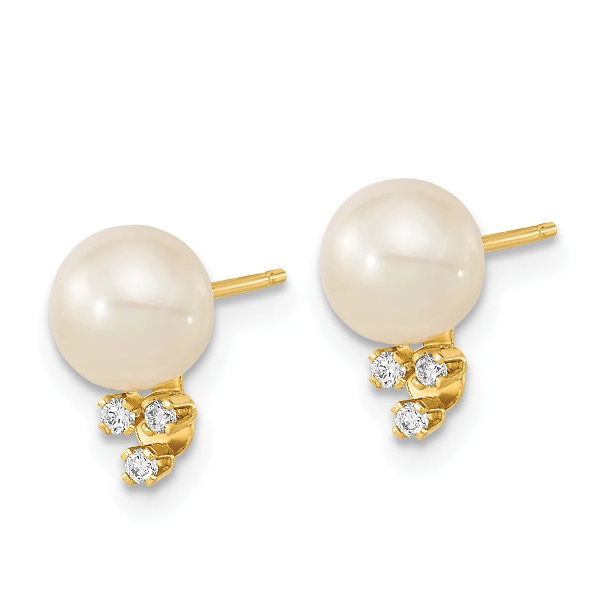 Pair of gold stud earrings with cream-colored pearl tops and diamond accents beneath each pearl.