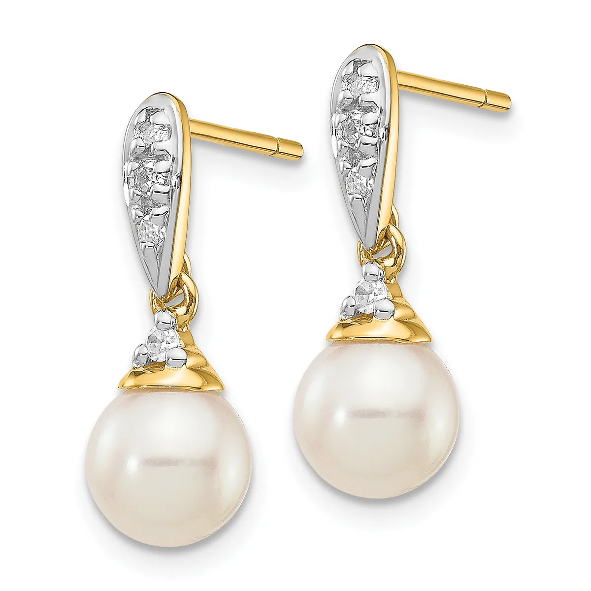 Pair of gold and diamond drop earrings with white pearl pendants, shown against a white background.