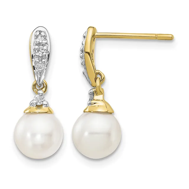 Pair of gold and silver two-tone drop earrings with diamond-accented oval tops and white pearl bottoms, shown front and side view.