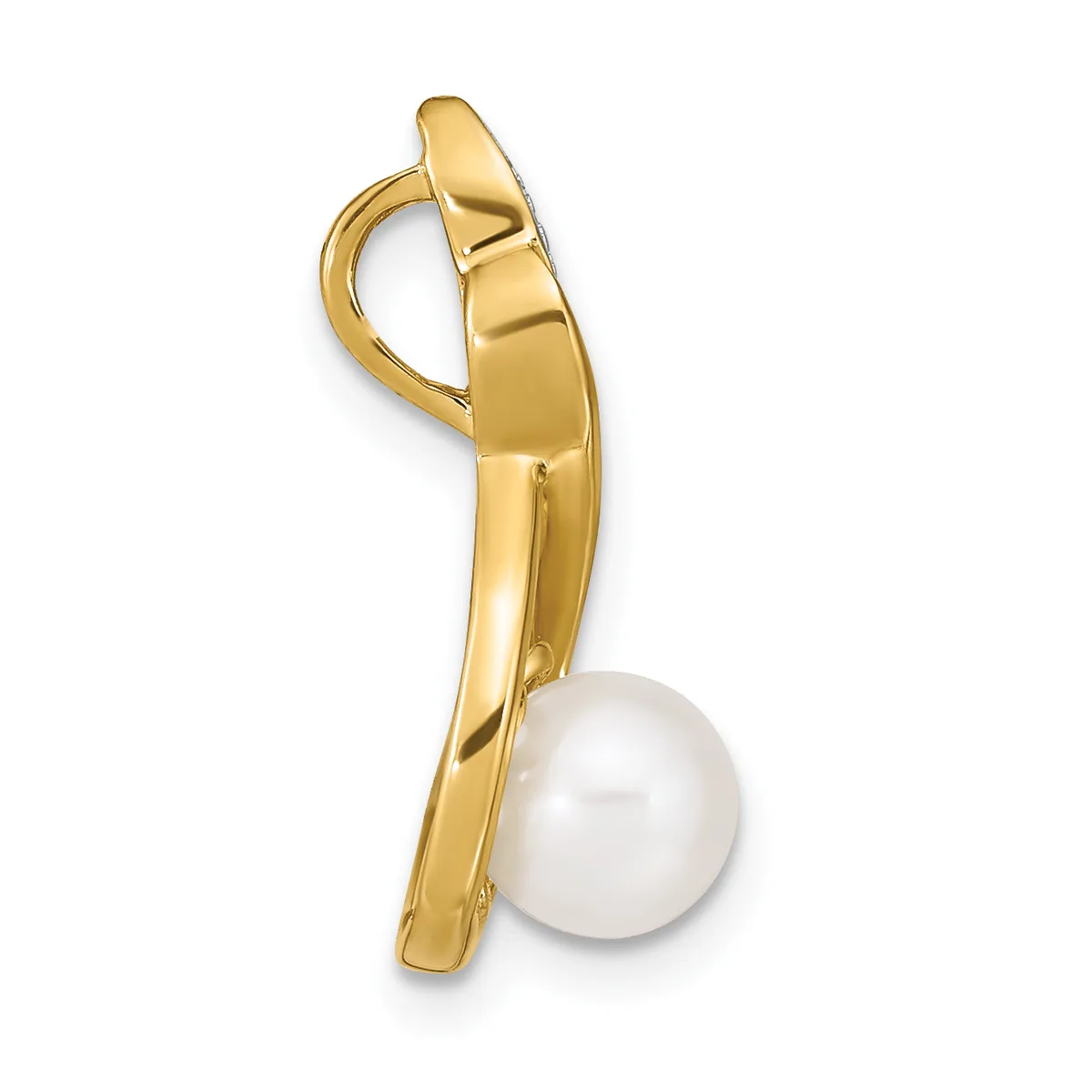 A gold curved pendant with a polished finish featuring a white pearl suspended from the bottom, displayed against a white background.