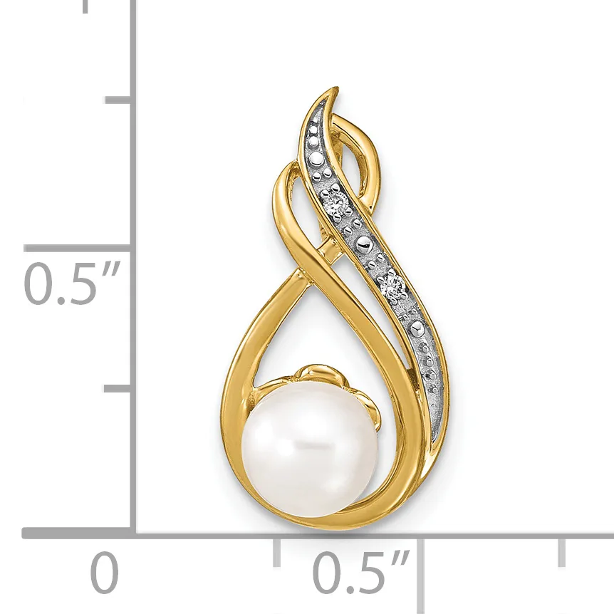 Gold teardrop pendant with a white pearl nestled in the lower curve and a diagonal stripe of diamonds across the upper loop, shown against a measurement scale.