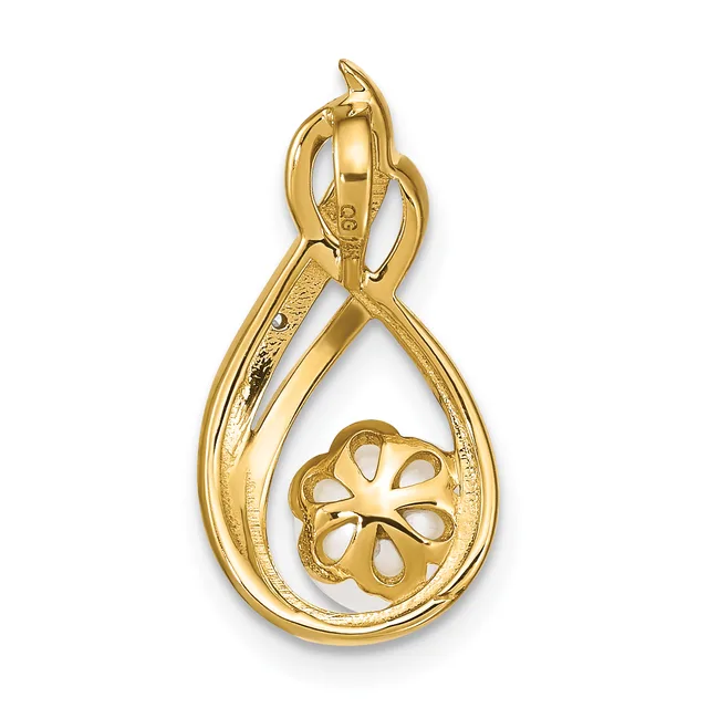 Gold teardrop pendant with a small flower charm suspended inside, featuring an open scrolled bail at the top.