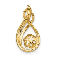 Gold teardrop pendant with a small flower charm suspended inside, featuring an open scrolled bail at the top.